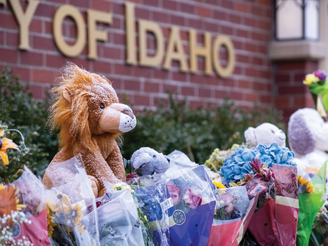 A memorial in front of a University of Idaho sign. A lion stuffed animal covered in snow is prominently displayed.