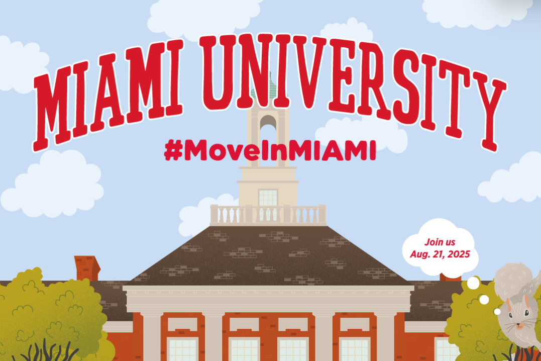 An illustration depicts a campus building, a blue cloudy sky, and a squirrel with the speech bubble, "Join us Aug. 21, 2025."