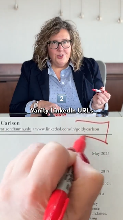 A screenshot from "10 Resume Tips from Career Coach Brigette Marty." The top half of the screen features Brigette in a talking head and the bottom half shows a red-lined resume.