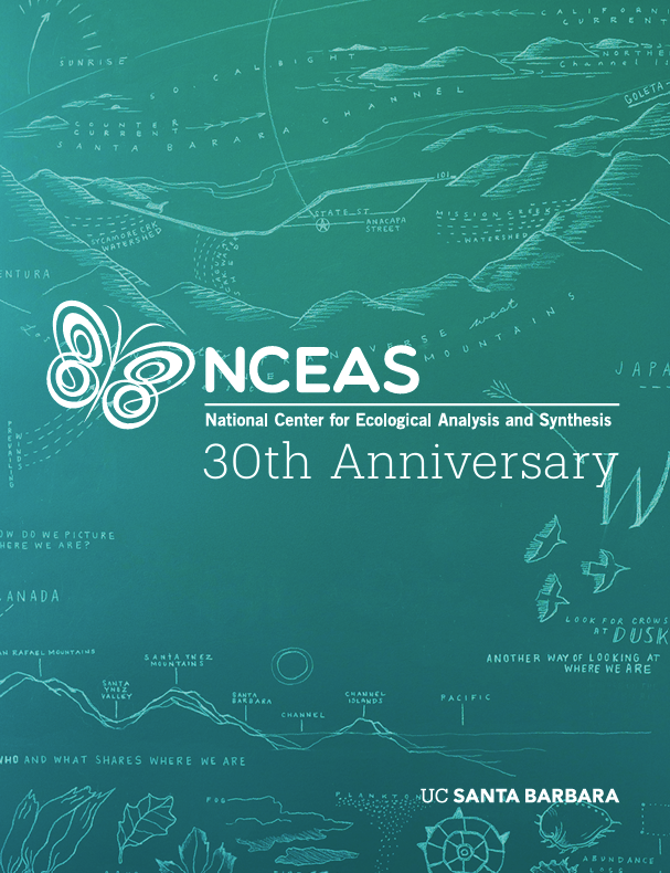 The cover for University of California, Santa Barbara's National Center for Ecological Analysis and Synthesis 30th Anniversary Report features a teal background and white aquatic line art.