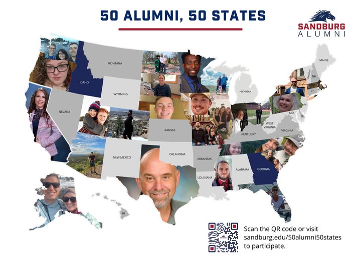 A map of the U.S. with faces of Carl Sandburg College alumni filling the shapes of some of the states.