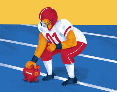An illustration of a football player waiting at the line of scrimmage except instead of a football, a piggy bank is in his hand.