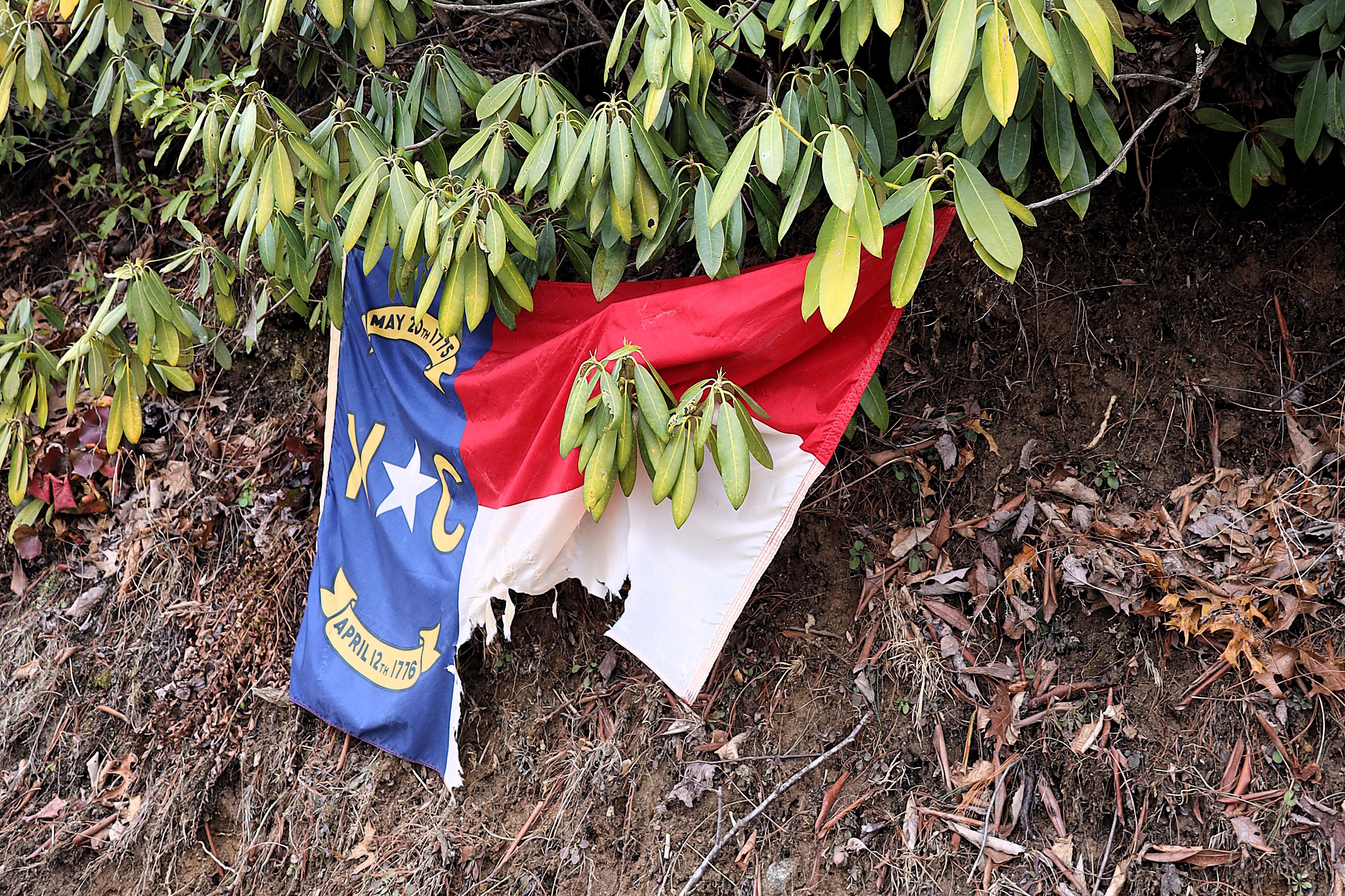 A North Carolina flag with its bottom right corner torn off hangs from branches against a muddy hillside.