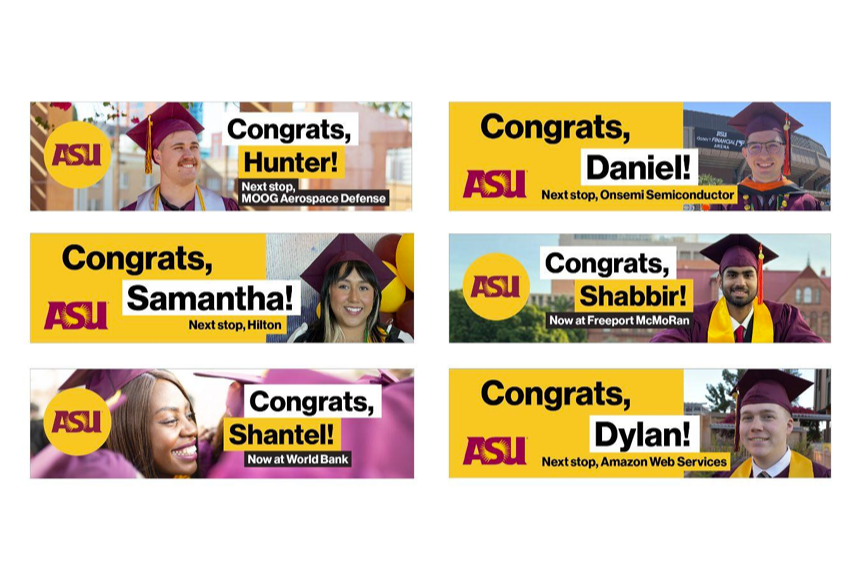 A series of six advertisements displaying photos of ASU graduates alongside the message "Congrats!"