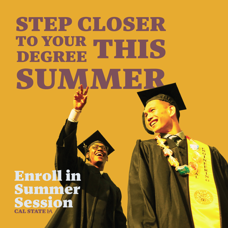 An ad for Cal State Summer Session features a yellow tinted photo of two students in black graduation robes.