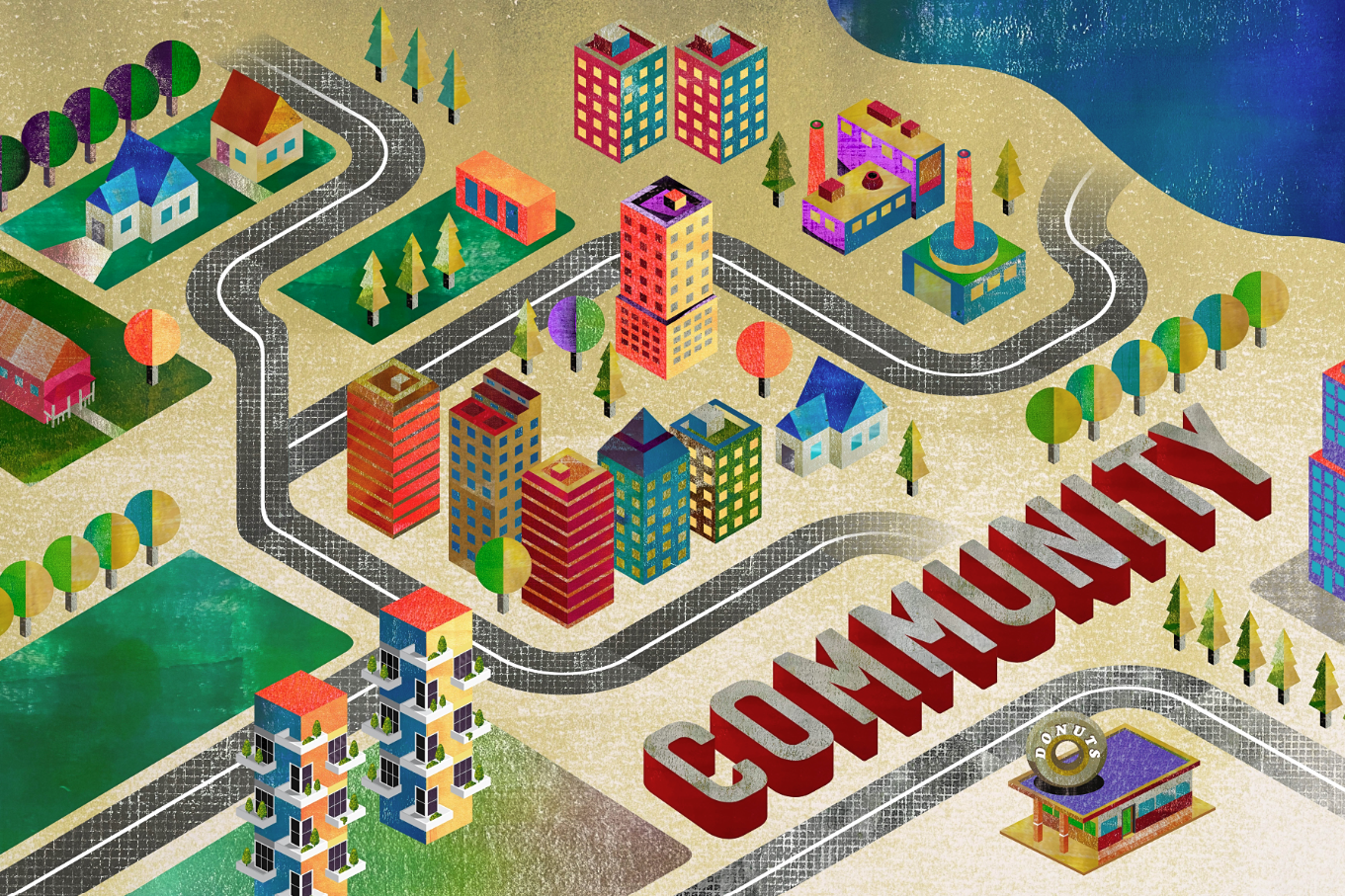 An illustration shows a city on the water with a donut shop in the bottom right corner. The word community is seen in the bottom right corner above the donut shop.