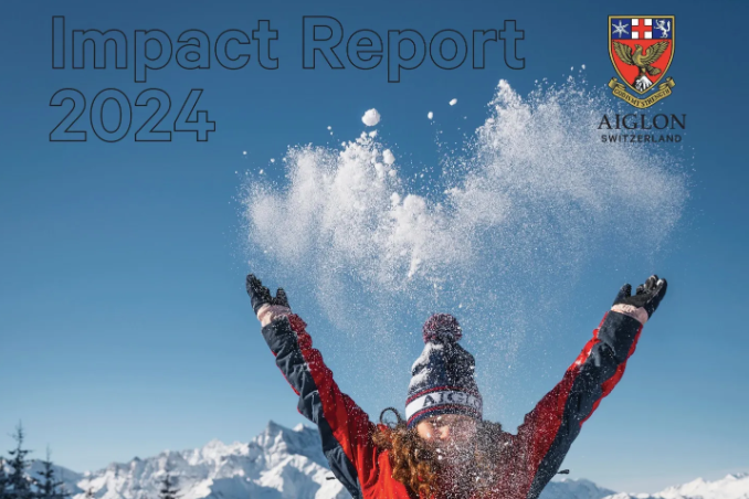 The cover of Aiglon's Impact Report shows a girl in Aiglon snow gear playing in the snow.