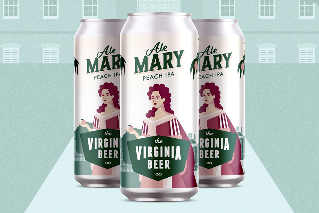 The Ale Mary beer can features a green- and pink-colored design. A woman stands holding a peach above the words "the Virginia Beer."