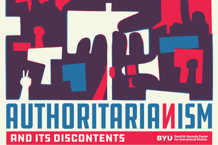 A blue, red, and white colored poster shows a protest in the style of Soviet-era illustrations.