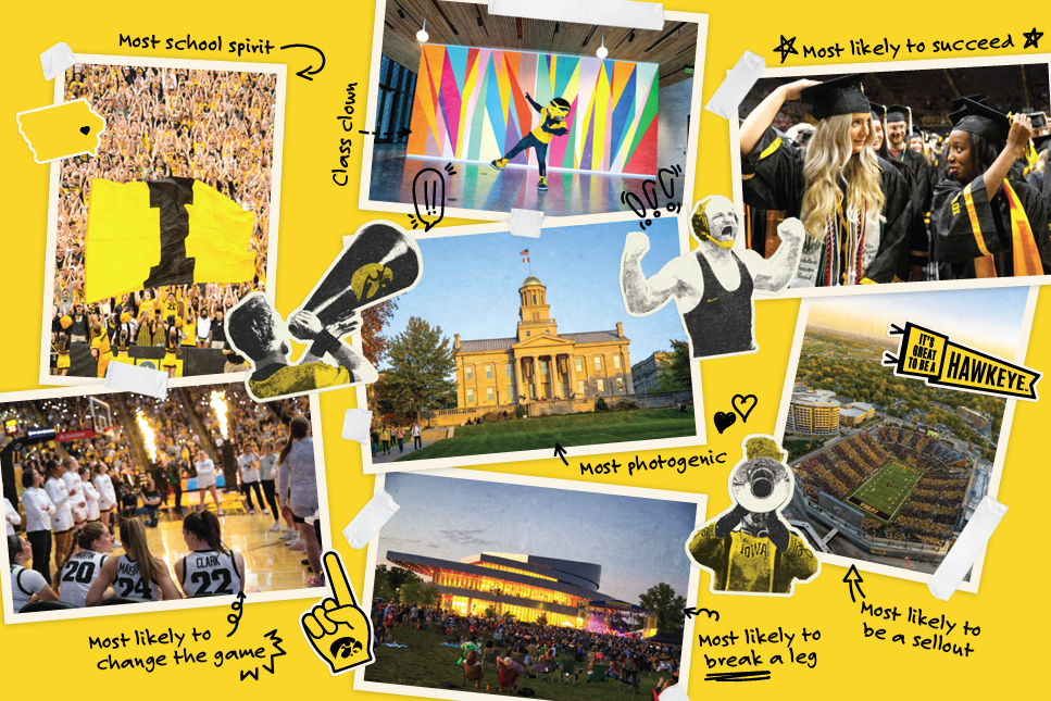An Iowa postcard shows a collage of photos taken across campus including the football stadium, a campus building, and a women's basketball game.