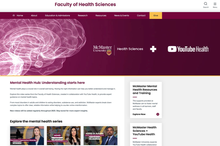 A screenshot of the homepage of McMaster University's Mental Health Hub website.