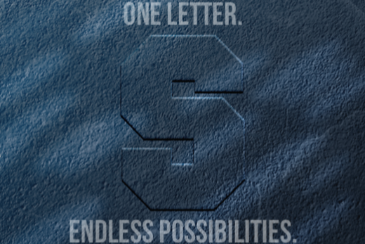 A graphic with a dark blue background and a raised "S." The caption reads, "One Letter. Endless Possibilities."