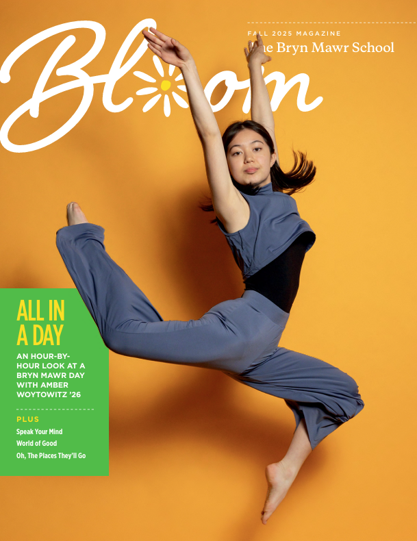The Fall 2025 cover of Bloom features a photo of a girl caught mid-air in a dancer's jump against an orange background.