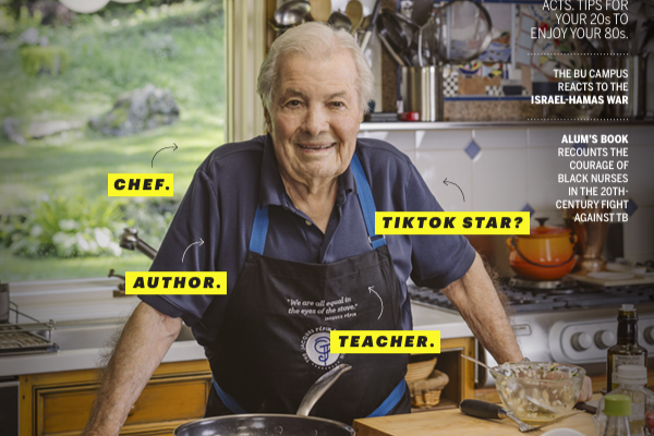 Photo of Jacques Pépin at a stove in a kitchen. In yellow boxes around him are the phrases: "Chef." "Author." "Teacher." and "TikTok Star?"