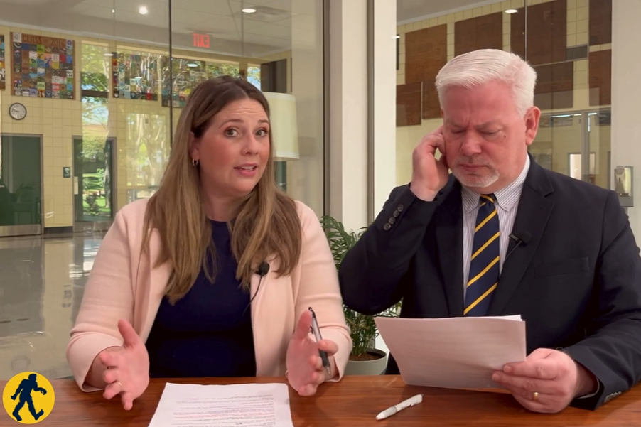 A pair of staff at The Webb School are dressed as news anchors and deliver "breaking news" to camera.