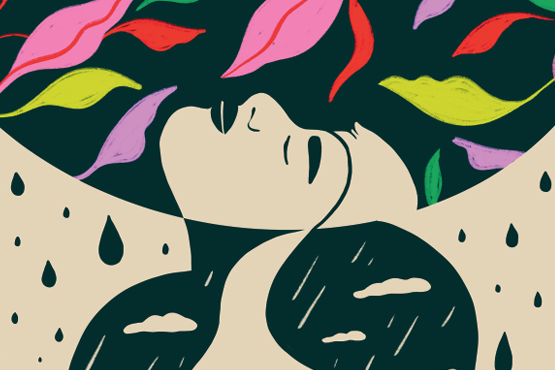 Illustration of a face rising out of the ground, pink, red, yellow, purple, and green flowers hanging over them.