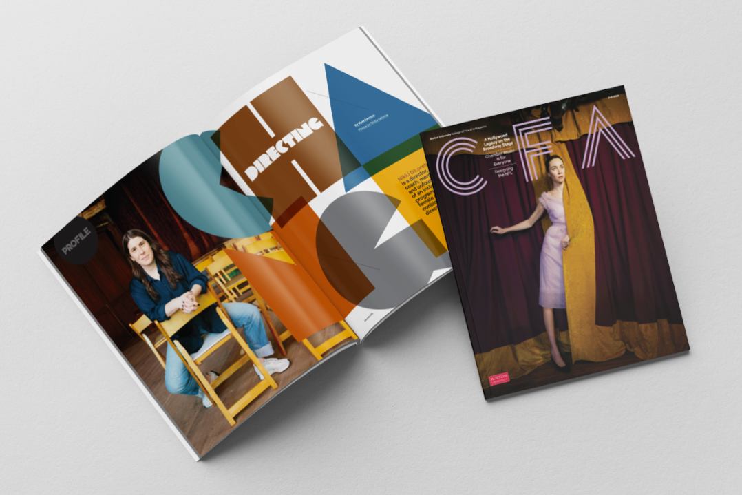 A photo of two copies of the Fall 2025 issue of CFA Magazine. One is open to an inside spread that features a headline in big block multicolored letters. The other shows the cover--a photo of a woman standing between two closed stage curtains.