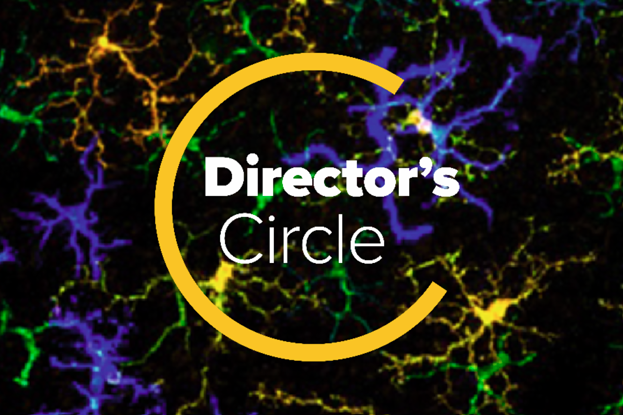 The logo for University of California, Davis's Director's Circle includes a blue, green, orange, and black marbled background and half a yellow circle around white-colored "Director's Circle" text.