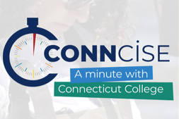 The logo for CONNcise: A Minute With Connecticut College incorporates clipart of a stopwatch.