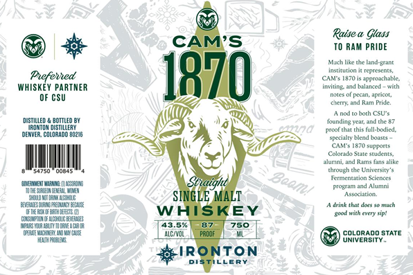Label for CAM's 1870, a straight single malt whiskey. The label is green and white in color and shows a ram.