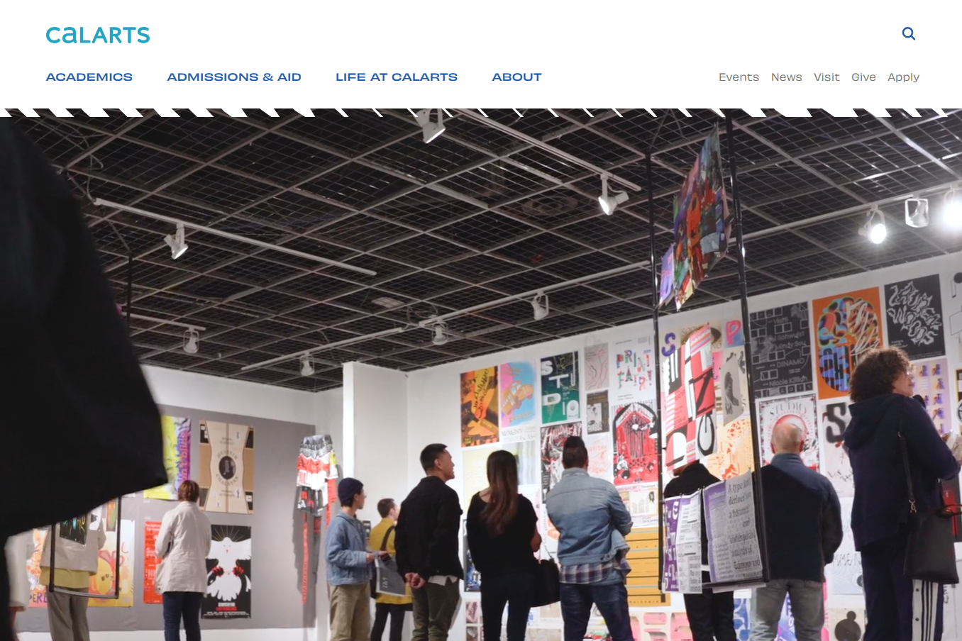 A screenshot of Calarts's website shows a photo of people looking at modern art handing on the walls of an exhibit.