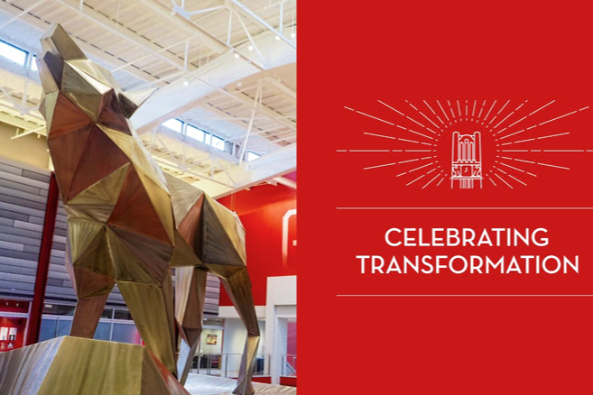 A photo of a gold wolf statue and the words "Celebrating Transformation."