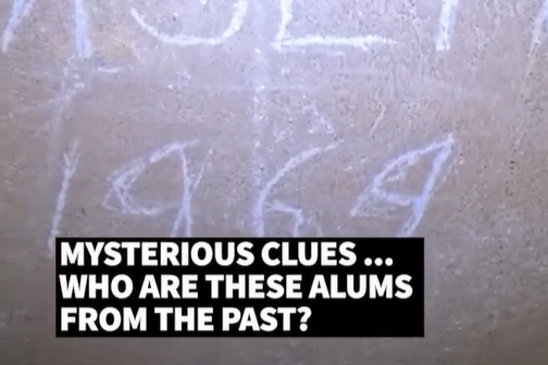 Photo of the year "1964" etched into a wall with the caption "Mysterious Clues ... Who are these alums from the past?"