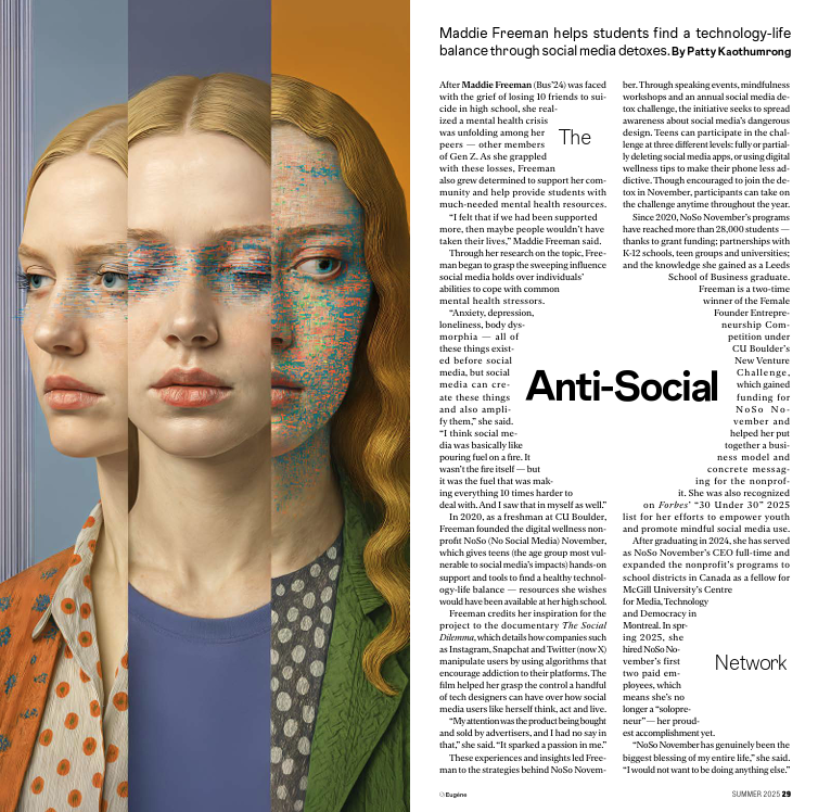 A story in the Coloradan Magazine includes an illustration of three different versions of the same girl alongside the text for a story titled "The Anti-Social Network."