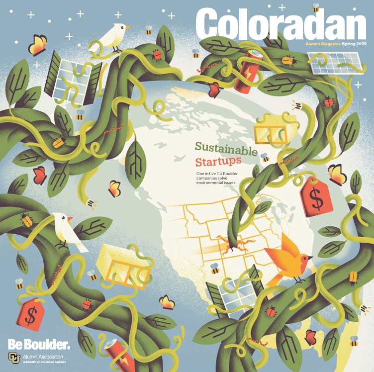 The cover of the Spring 2025 issue of the Coloradan features an illustration of a globe with green vines growing around it. Amongst the vines are lady bugs, butterflies, and birds.