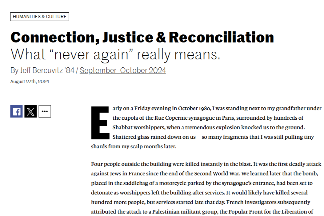 Screenshot of the headline "Connection, Justice & Reconciliation." The subhed reads "What 'never again' really means."