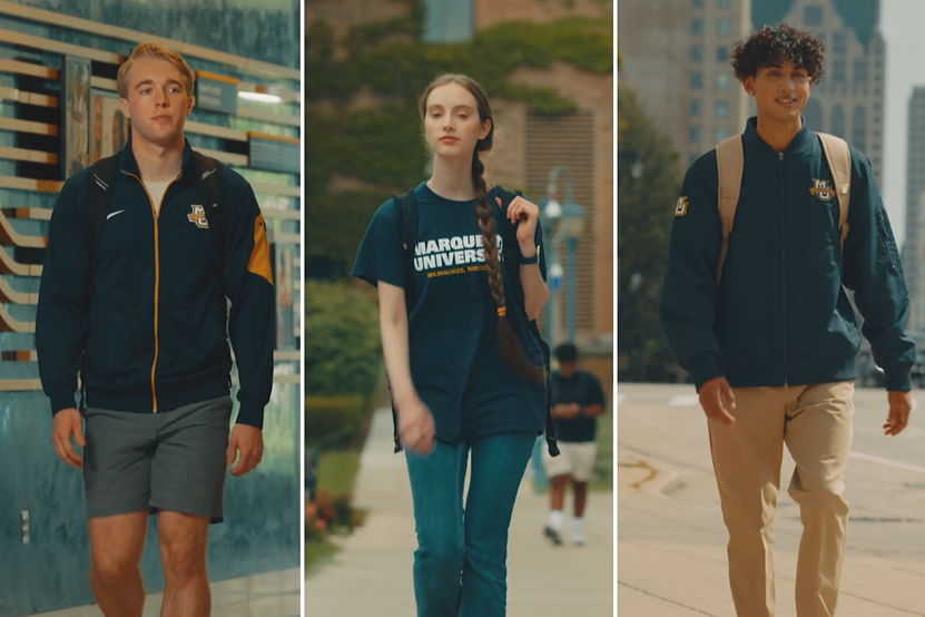 A series of three photos, each shows a student wearing Marquette gear walking on campus.