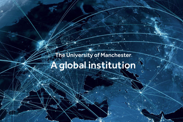 The cover of the University of Manchester's publication shows a globe colored blue and the words "The University of Manchester: A global institution."