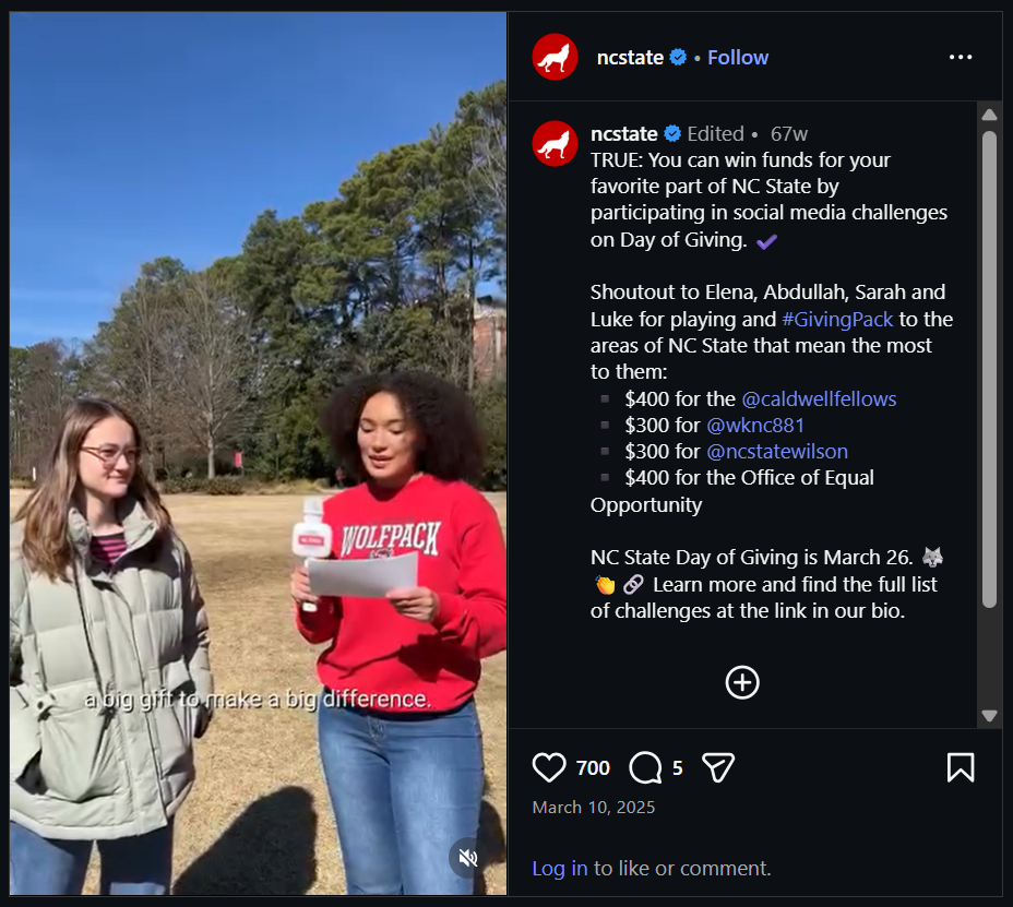 A screenshot from NC State's Day of Giving Gameshow video shows one student interviewing another with a microphone and question cards.