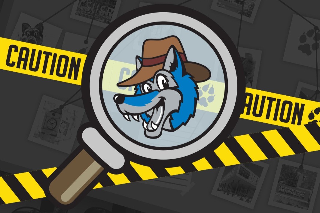 The logo for CSUSB's Giving Day features Detective Cody's face (a blue wolf wearing a deerstalker hat) at the center of a magnifying glass. Behind it, caution tape runs across the image, with a murder board grayed-out as the background.
