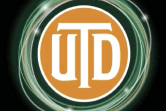 In an orange circle, white text reads, "UTD." Around the outside of the circle are green sparkling lines.