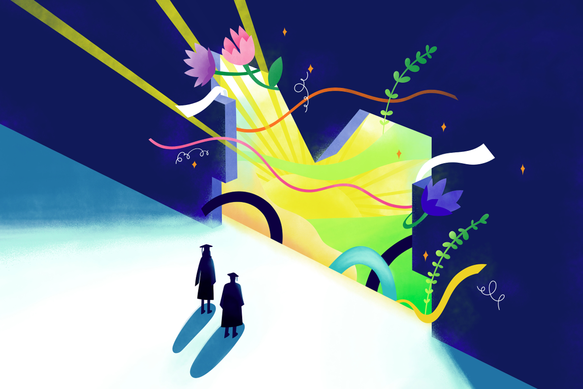 An illustration shows two graduates standing in front of a larger-than-life "M" from which flowers and greenery sprouts.