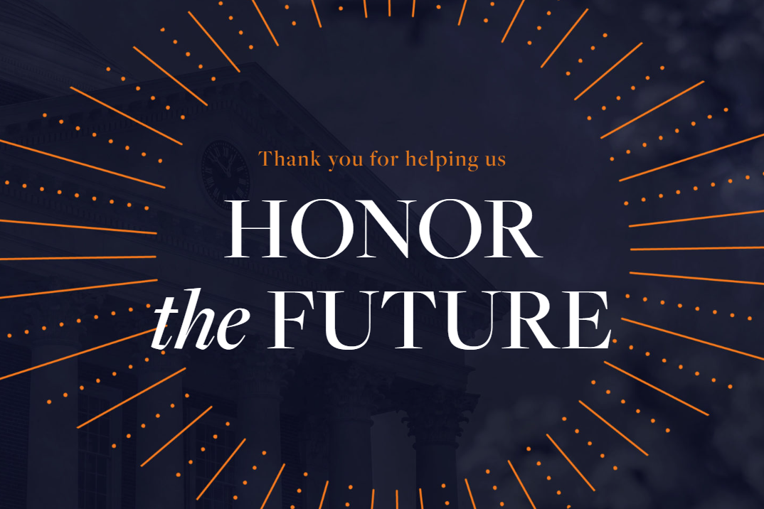 On a dark blue background with orange line art is the words, "Thank you for helping us Honor the Future."