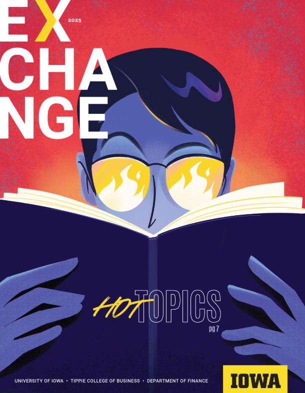 The cover of the 2025 issue of Exchange Magazine features an illustration of a person with blue-colored skin holding a blue-colored book in front of the bottom half of their face. They wear glasses with yellow flames filling the lenses.