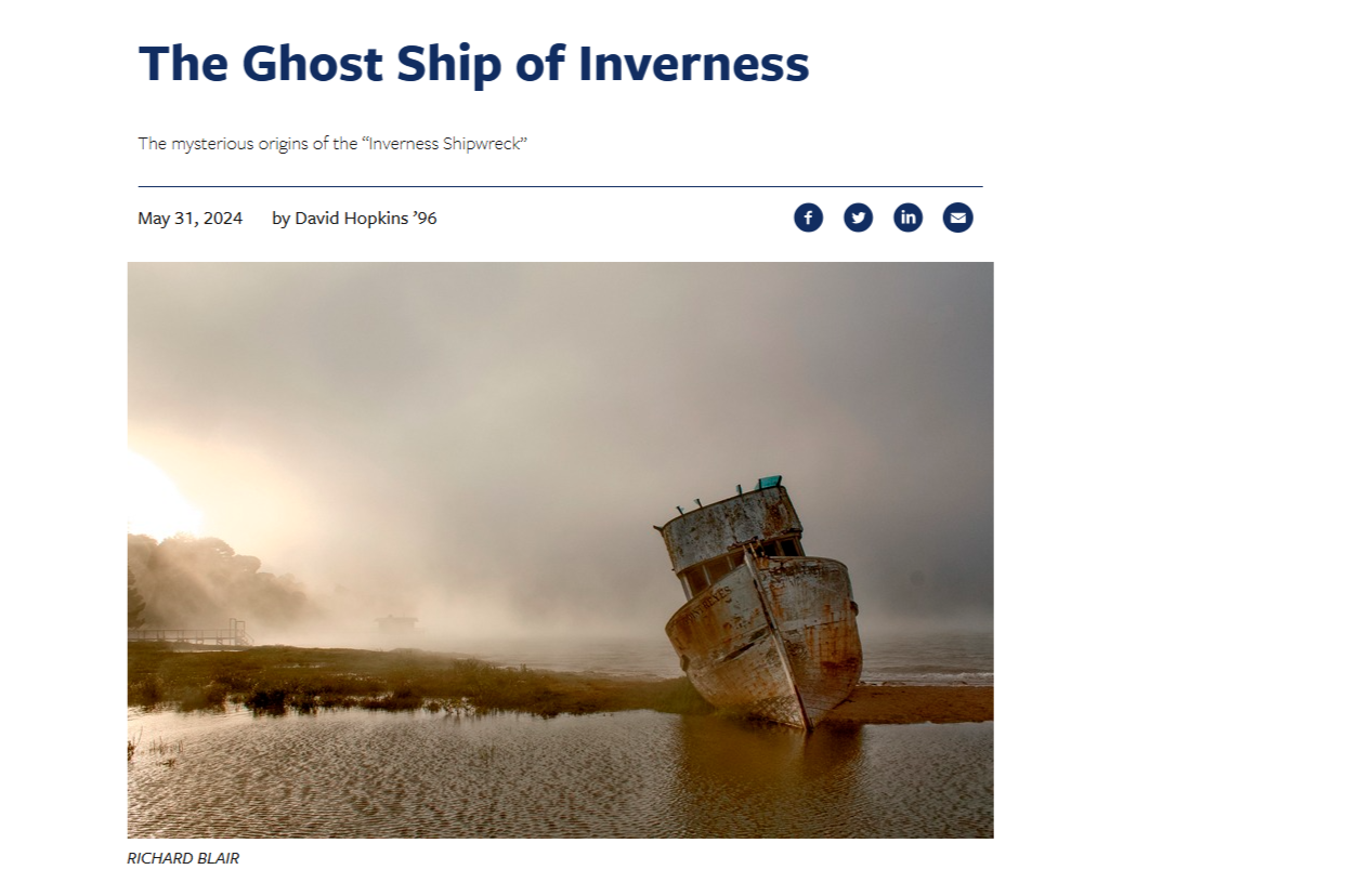 A screenshot of the headline "The Ghost Ship of Inverness." It's paired with a photo of the titular ship.