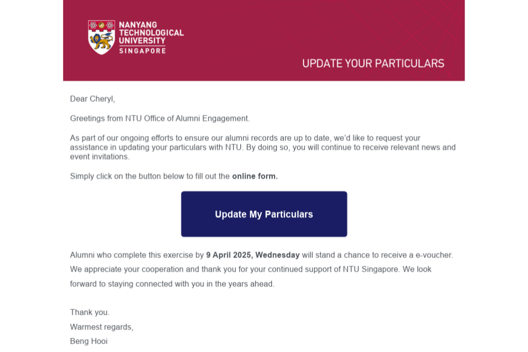 A screenshot of the email Nanyang Technological University sent to its alumni to prompt them to update their particulars.