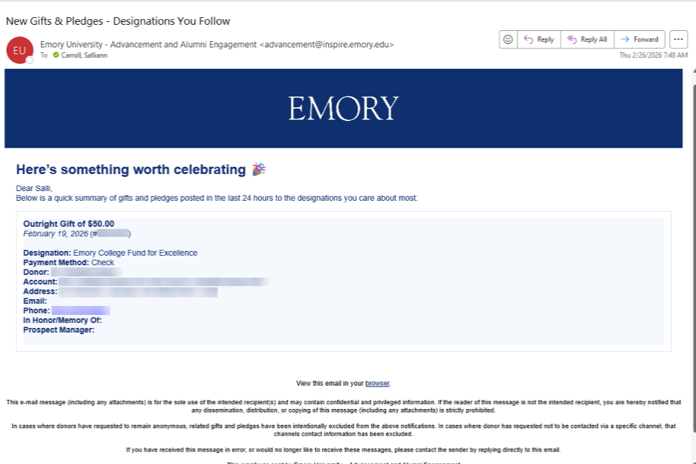 A screenshot of the email Faculty Champions receive at Emory University.