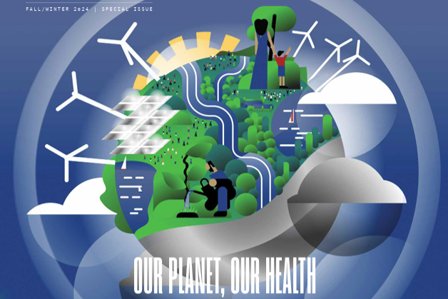 Above the headline, "Our Planet, Our Health," an illustration of a globe using wind, water, and solar power.