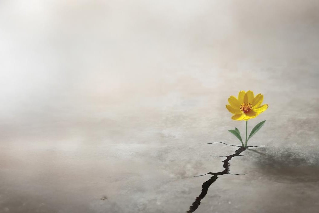 A photo of a yellow flower growing out of a cement crack.