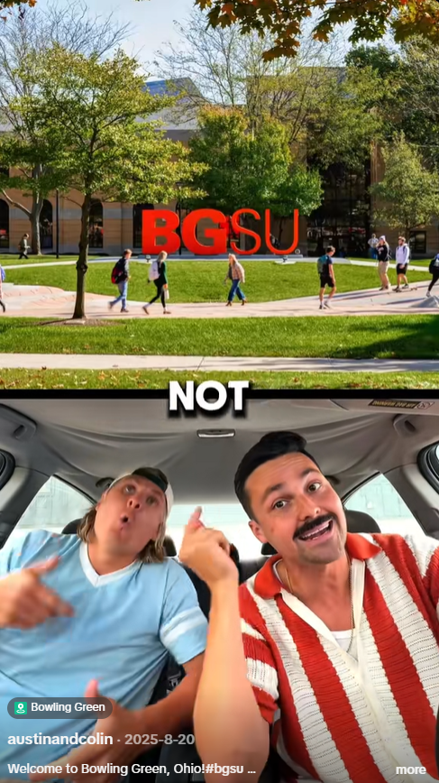 Screenshot from "Influencer Song: Bowling Green State University." The top half of the screen shows a photo of the Bowling Green State University campus. The bottom half of the screen shows Austin and Colin sitting in the front seats of a car rapping.