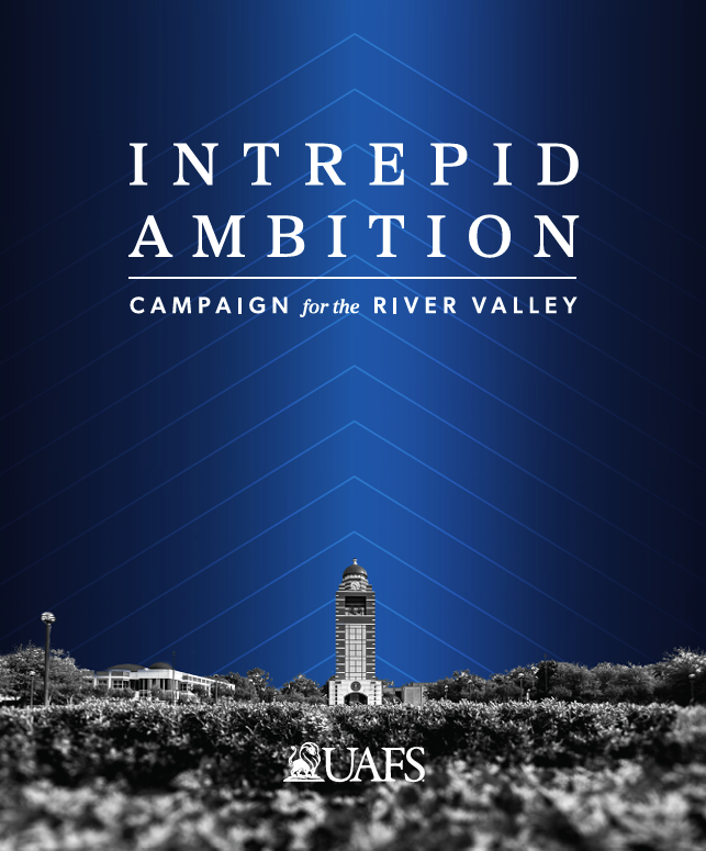 The cover of Intrepid Ambition features a dark blue background and a black and white photo of the University of Arkansas, Fort Smith campus.