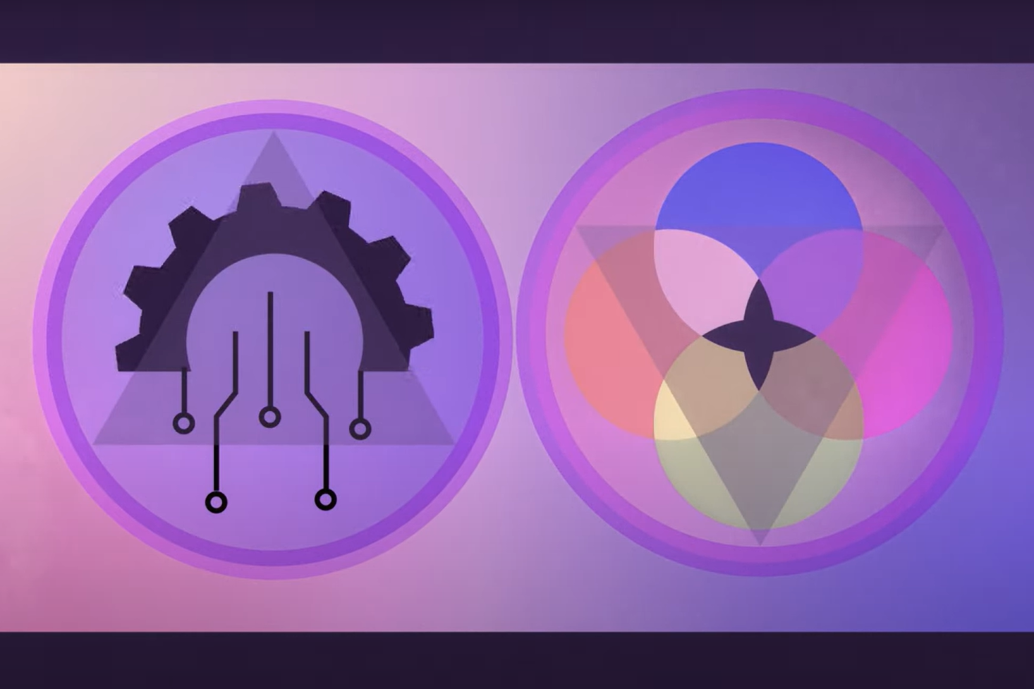 A graphic with two circles. On the left, a gear with lines to represent the flow of data and artificial intelligence. On the right, a series of pastel-colored overlapping circles to represent religion.