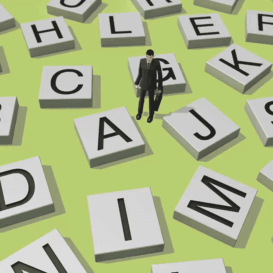 Man in suit standing among white letter tiles on a green background