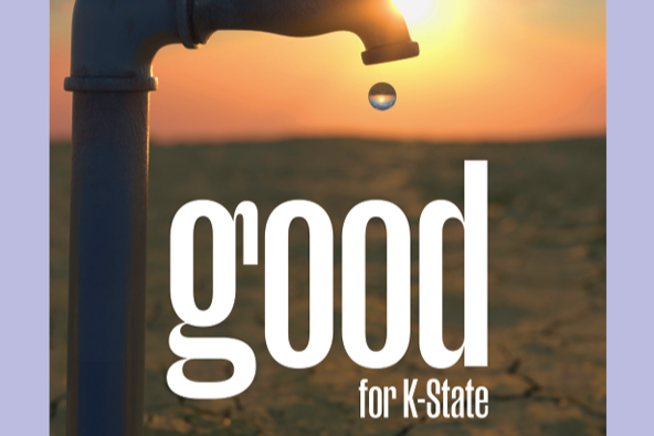 Photo of a water spigot, a single droplet falling from it. In the background, dry land and a sunset on the horizon. In the foreground, the Good for K-State masthead.
