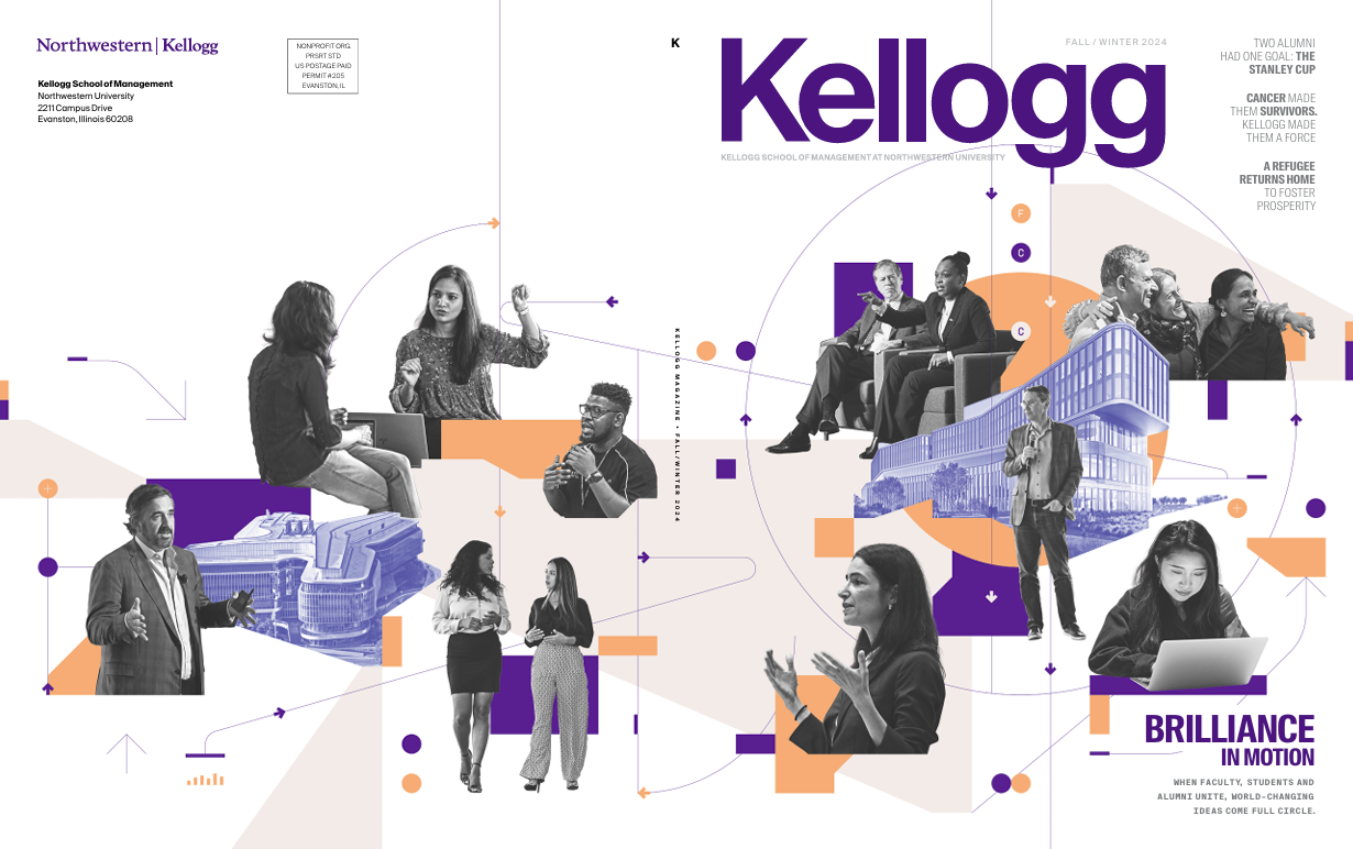 Front and back cover spread of Kellogg Magazine's fall/winter 2024 issue. It shows black and white photography of people in business settings combined with purple and orange arrow graphics.
