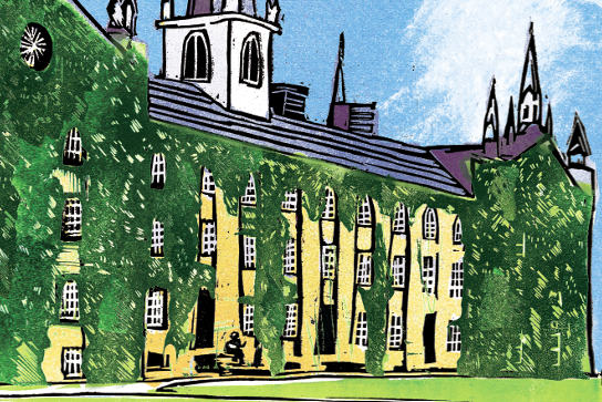 A hand-carved linocut of Old Kenyon—a building with a spire, columns of windows and greenery growing on its sides—by Anastasia Inciardi.